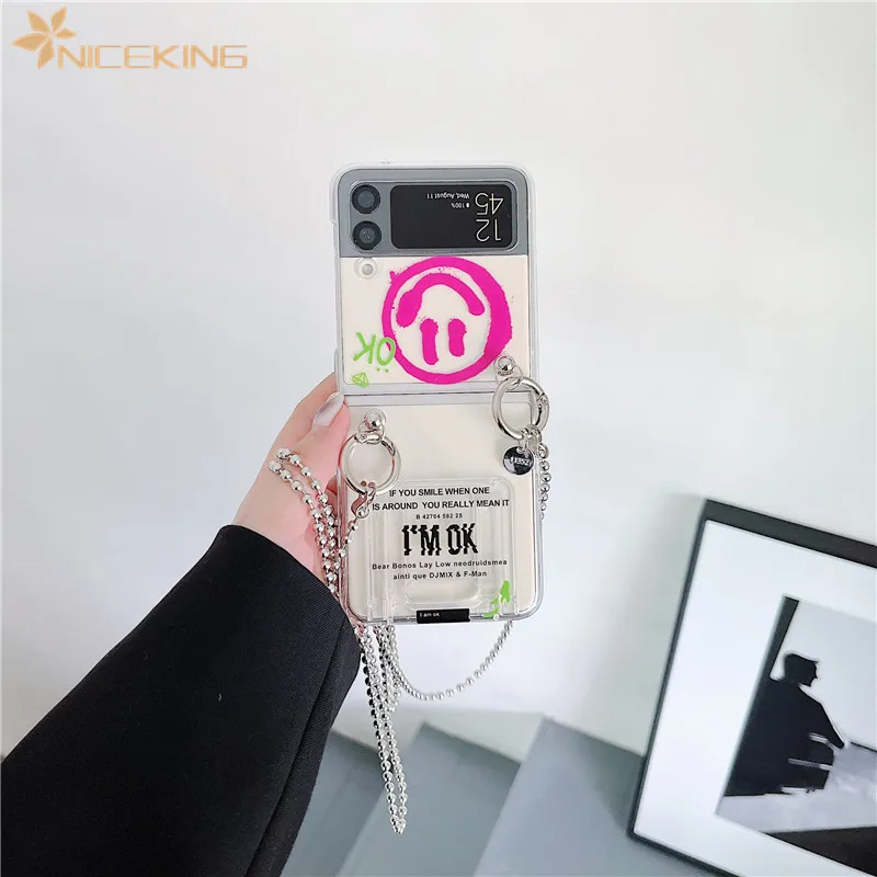 

For Samsung Galaxy Z Flip 4 5G Phone Cases Cute Smile Metal Chain Invisible Bracket Hard Plastic Cover Case For Samsung Z Flip 3