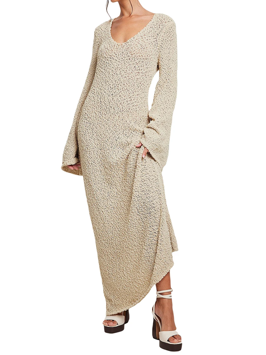 

Caoirhny Female Long Dress Solid Color Round Neck Long Sleeve Backless Spring Outfit Beige S M L