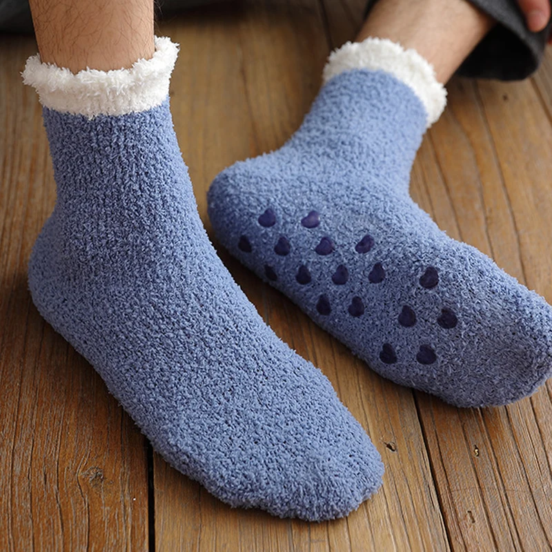 

Men Winter Cozy Fuzzy Warm Slipper Socks Striped Coral Fluffy Plush Shoes Non-slip Thermal Home Sleeping Hosiery Plus Size