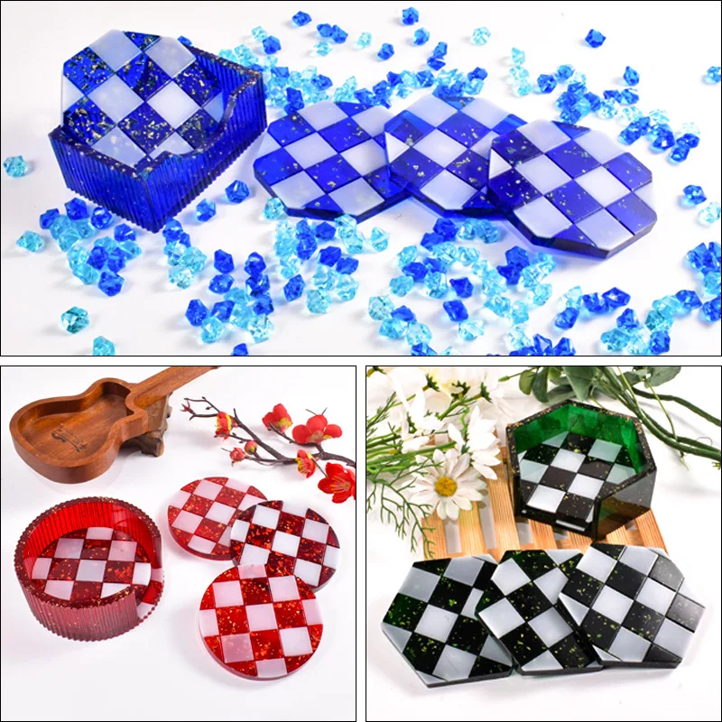 5 Piece Set DIY Circular Coaster Mold Epoxy Resin Mould Hexahedron Octagon Coaster Silicone Mold Checkerboard Grid Cup Mat Mould