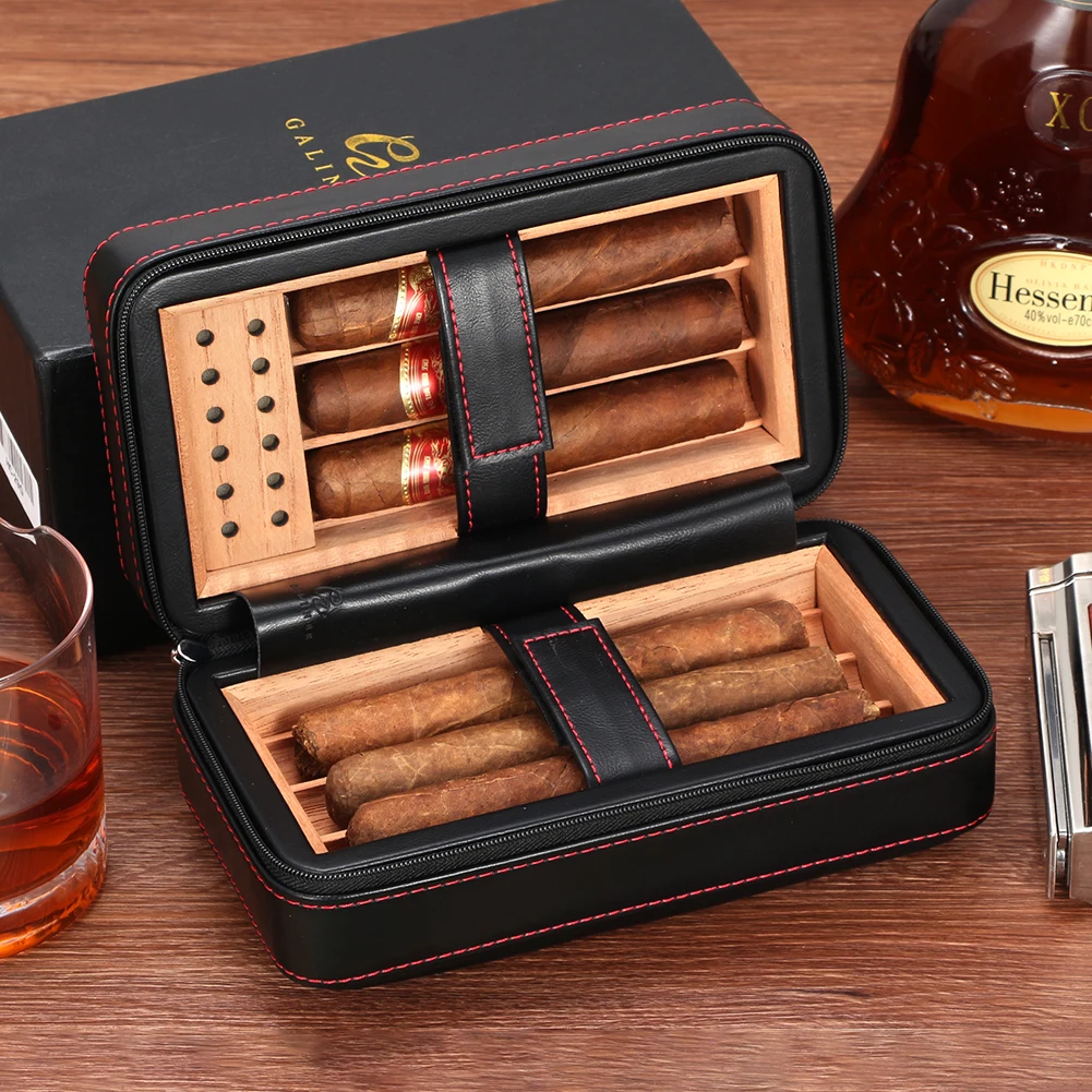 

GALINER Cedar Wood Liner Humidor Cigar Case Portable Fit 4 Ct Travel Cigar Humidor Box With Humidifier