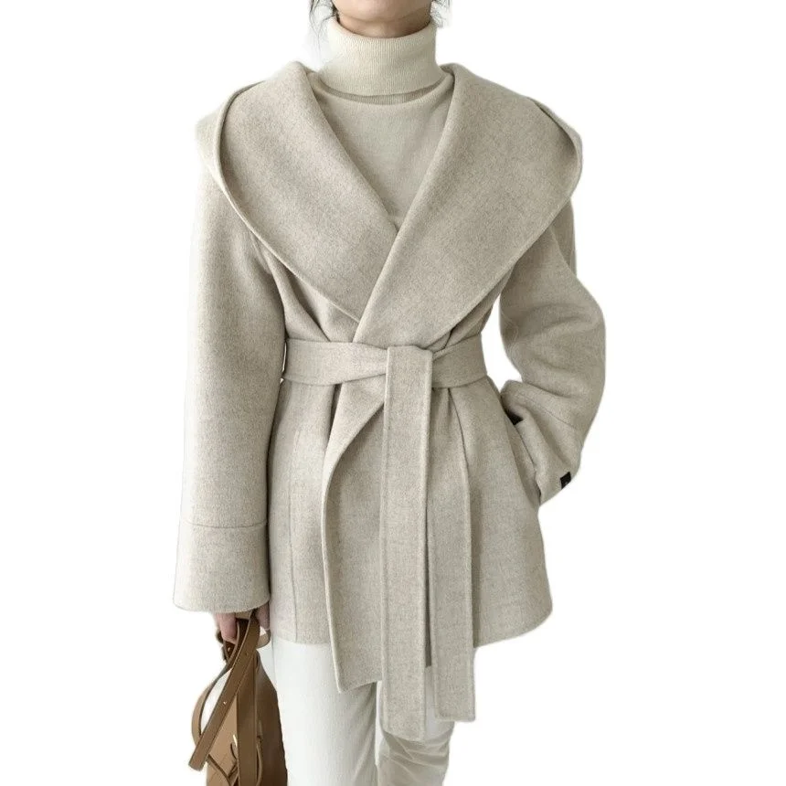 

Comelsexy Autumn Winter OL Elegant Women Faux Wool Coats Solid Cardigan Minimalist Hooded Woolen Coat Oversize Outwear With Belt