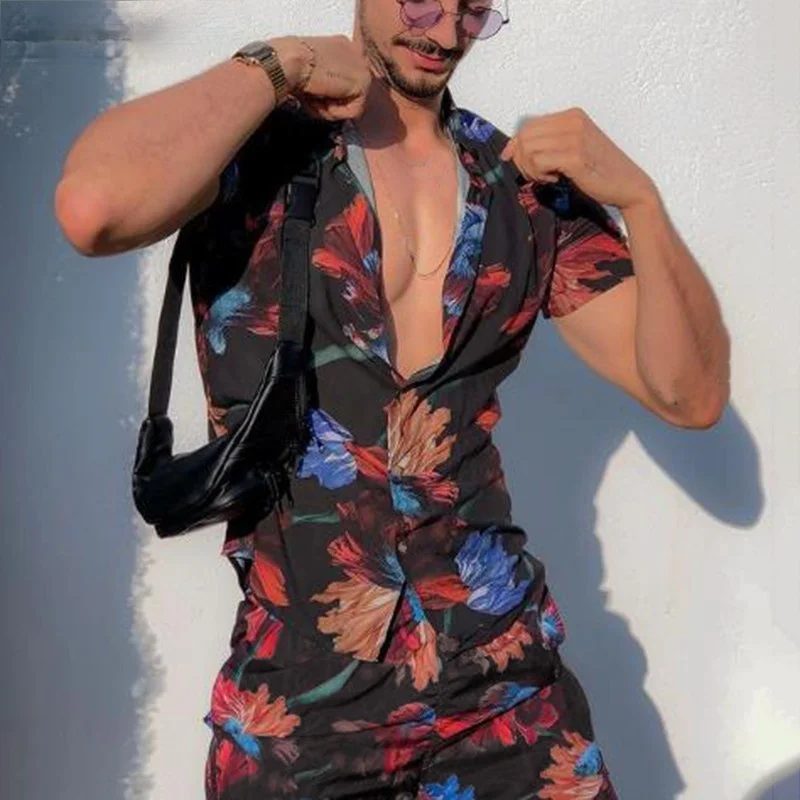 

Men Sets Printing 2021 Lapel Short Sleeve Shirt Shorts Summer Casual Beach Men Hawaiian Suits Streetwear 2 Pieces S-5XL INCERUN