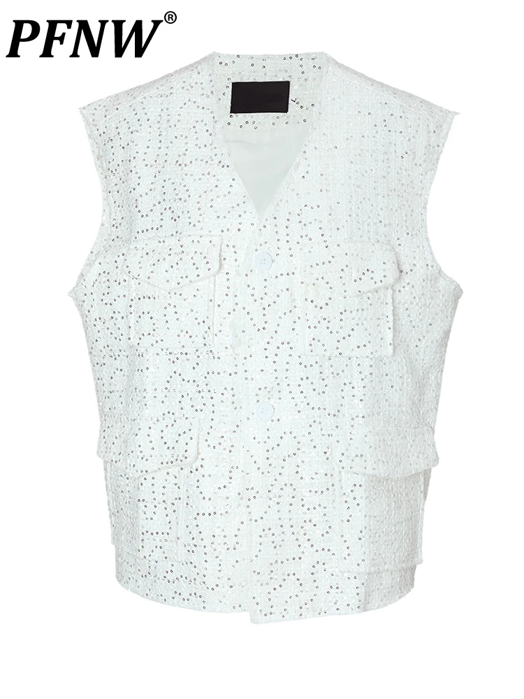 

PFNW Men Vest Loose Fit White Sequins Big Size Casual New V-collar Sleeveless Fashion Tide Spring Autumn 2023 1DF3103