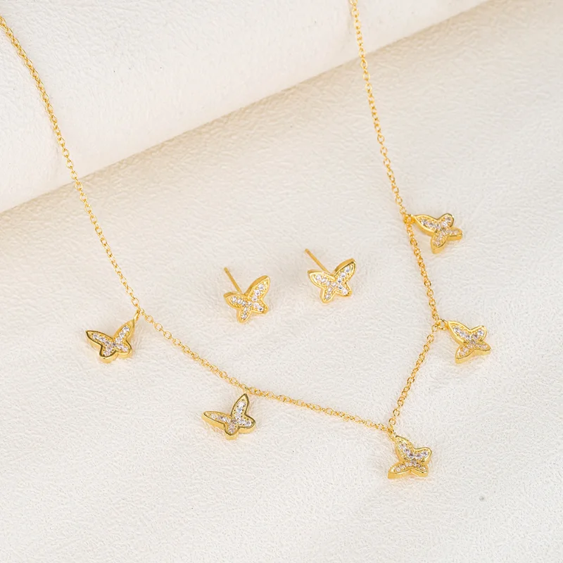

Luxury Gold Color Zirconia Butterfly Necklace Earrings Fashion Women Jewelry Accessories Christmas New Year Set Free Shipping