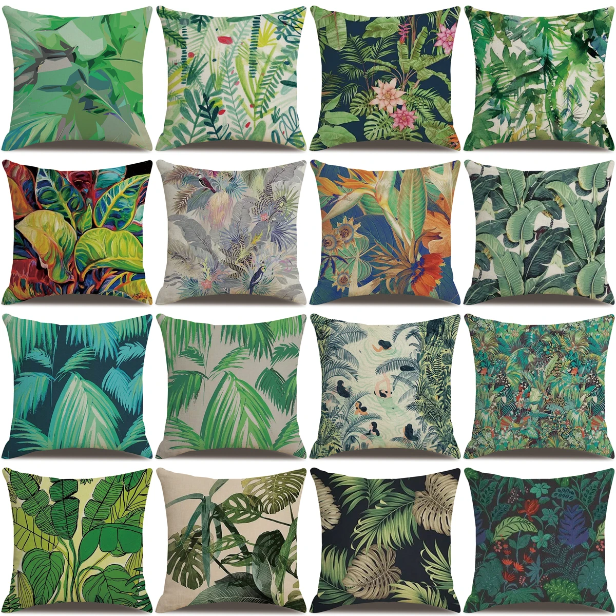 

ZHENHE Summer Green Leaves Pattern Linen Pillow Case Home Decoration Cushion Cover Bedroom Sofa Decor Pillow Cover 18x18 Inch
