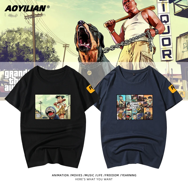 

Doraemon Print Short-sleeved Grand Theft Auto GTA5 Summer T-shirt Men's and Women's Short-sleeved Clothes Graphic T Shirts