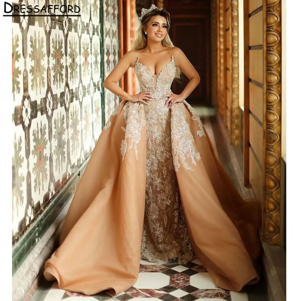 

Champagne Strapless Dubai Mermaid Wedding Dress Detachable Train Sequined Appliques Lace Illusion Saudi Arabic Bridal Gown