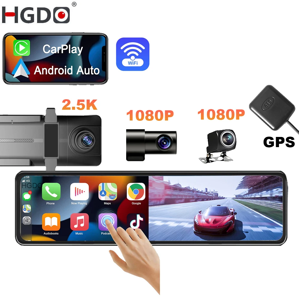 

HGDO 2.5K&1080P&1080P Dash Cam 3 in 1 GPS WIFI CarPlay Video Recorder Android Auto Car DVR Front Inside Rear View Mirror Camera