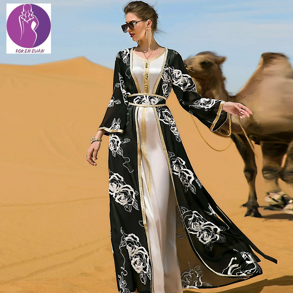 2022 женские турецкие платья Арабская Цветочная вышивка женское платье из двух частей с поясом Этническая мусульманская абайя марокканский ...