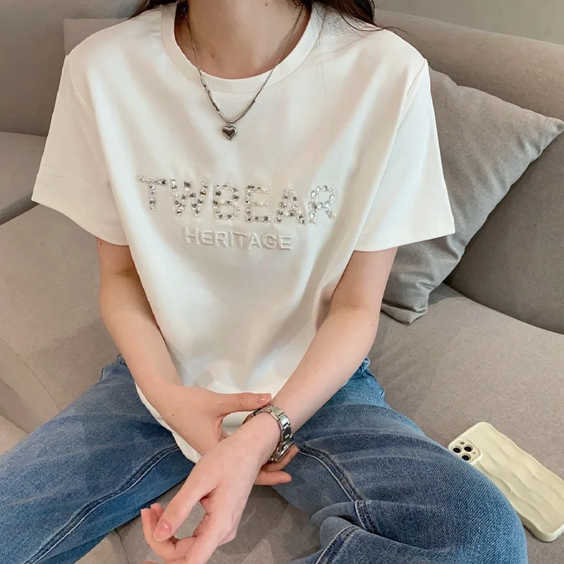 

Женская футболка с коротким рукавом, белая Свободная Повседневная футболка с бисером