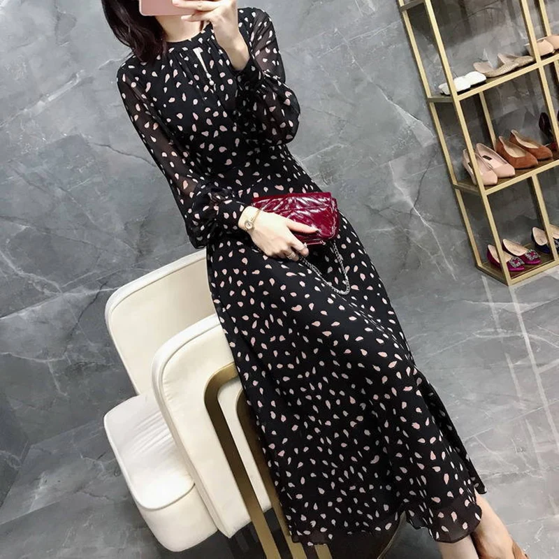 

Rimocy 2022 Autumn Dot Print Long Dress Women Fashion Lantern Sleeve Chiffon Vestidos Woman Round Neck Hollow Out Maxi Dresses