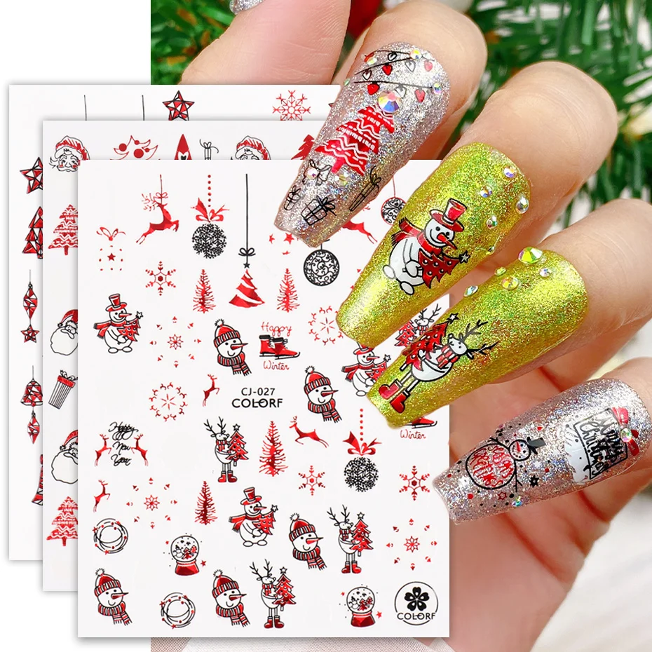 

3D Счастливого Рождества наклейки для ногтей зимние лазерные красные Санта-Снежинка с буквами лося конфеты трость Рождество слайдер для ногтей маникюр BECJ019-27