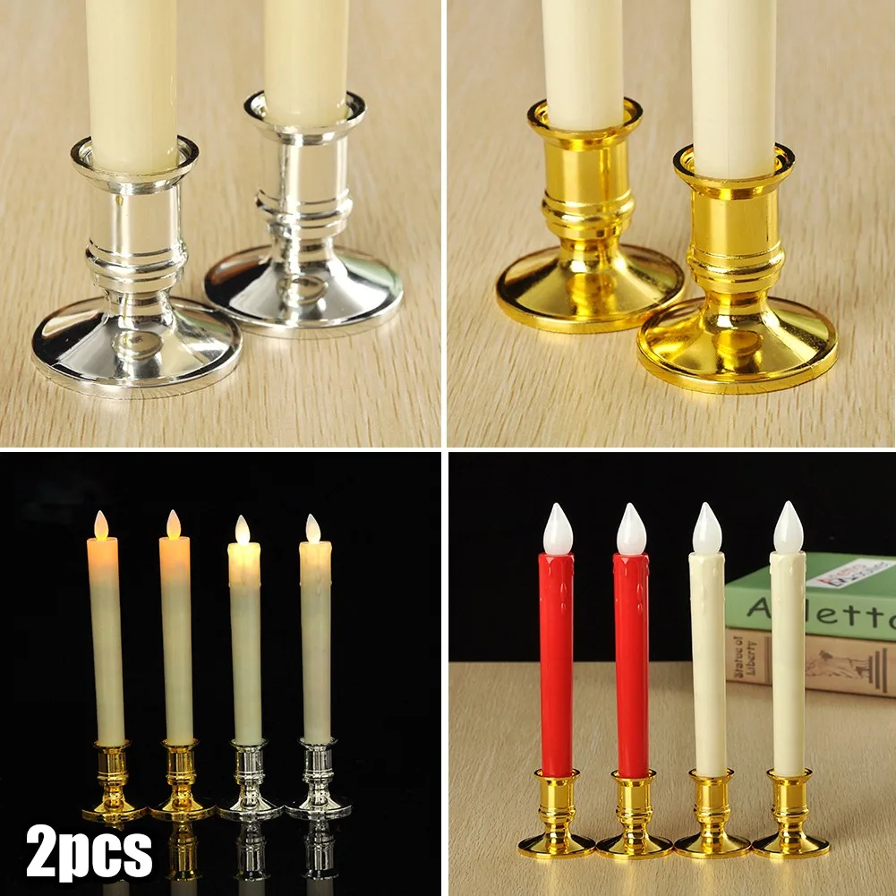 

2pcs Silver/Gold Plastic Candle Base Traditional Shape Taper Standard Holders Candlestick Dinner Decor For Electronic Candles