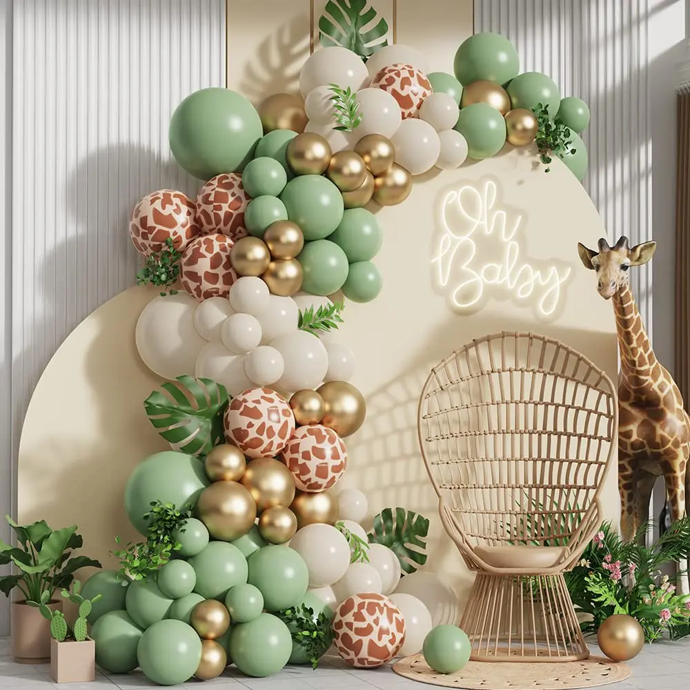 116/137pcs Jungle Birthday Party Giraffe Printed Balloon Garland Wild Baby Shower Decoration Pink Sage Green Arch |