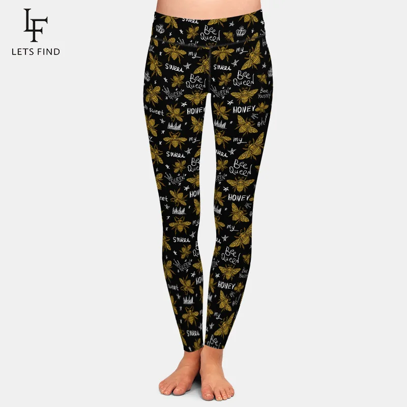 LETSFIND 2020 New Golden Embroidered Bee Digital Print Fitness Leggings Fashion High Waist Soft Women Leggings