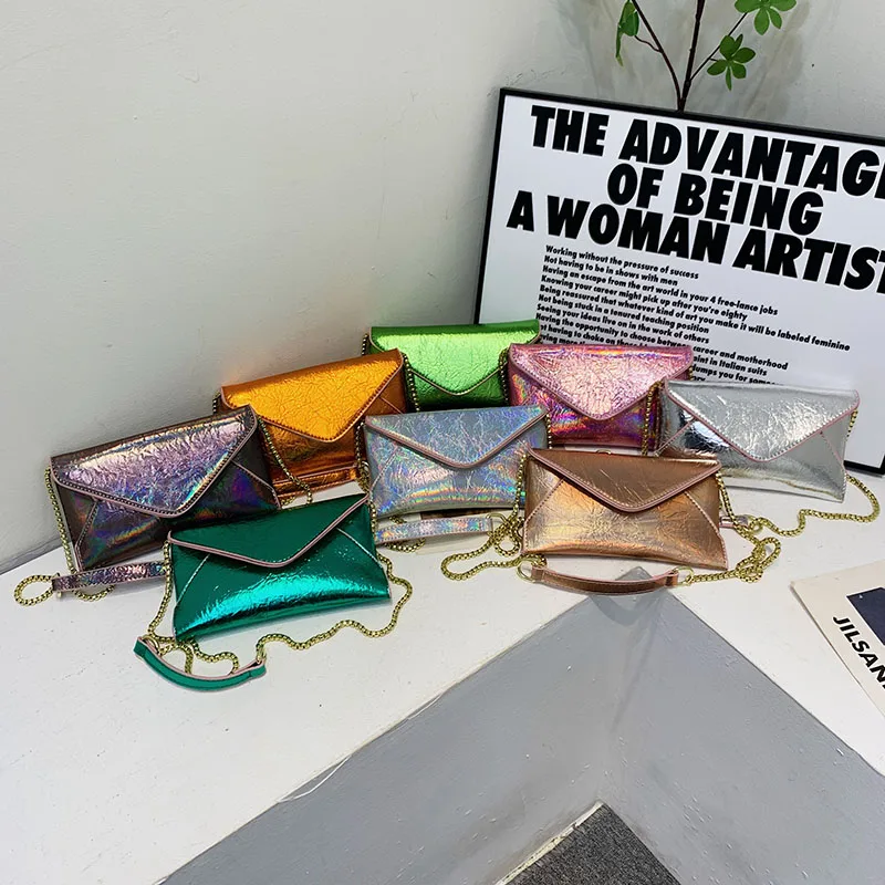 Designer Metallic Envelope Shoulder Bag Fashion Chains Crossbody Bags For Women Luxury Shiny Pu Leather Small Purses INS 2023