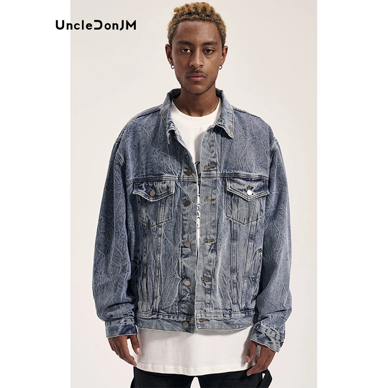 

UncleDonJM Washed Distressed Embossed Jean Jacket Men Casual Loose Denim Jacket Denim Black