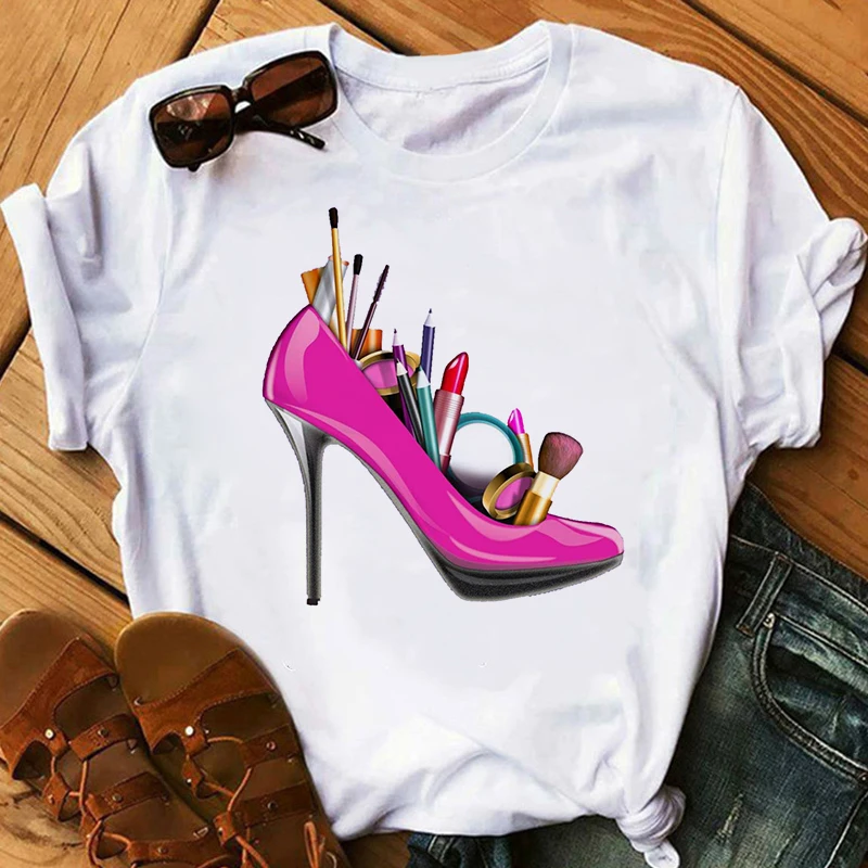 

Fashion High Heel Graphic T Shirt Short Sleeve Tee Shirt Lady Luxury Make Up Paris Style TShirt Women Summer Tops Girl Hipster