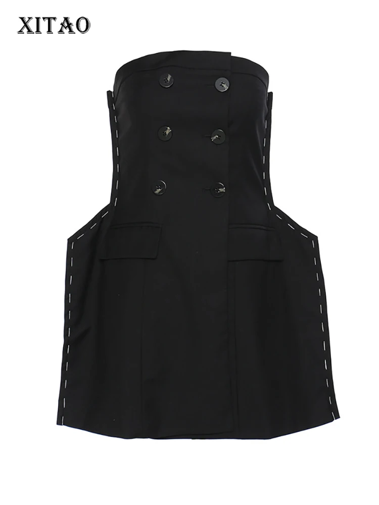 

XITAO модное черное платье без бретелек, необычное мини женское платье с яркой линией украшения, новинка 2022, женское платье без рукавов WMD5672