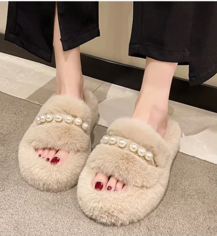 

Women's indoor slippers Pearl decorative flat bottom slippers
