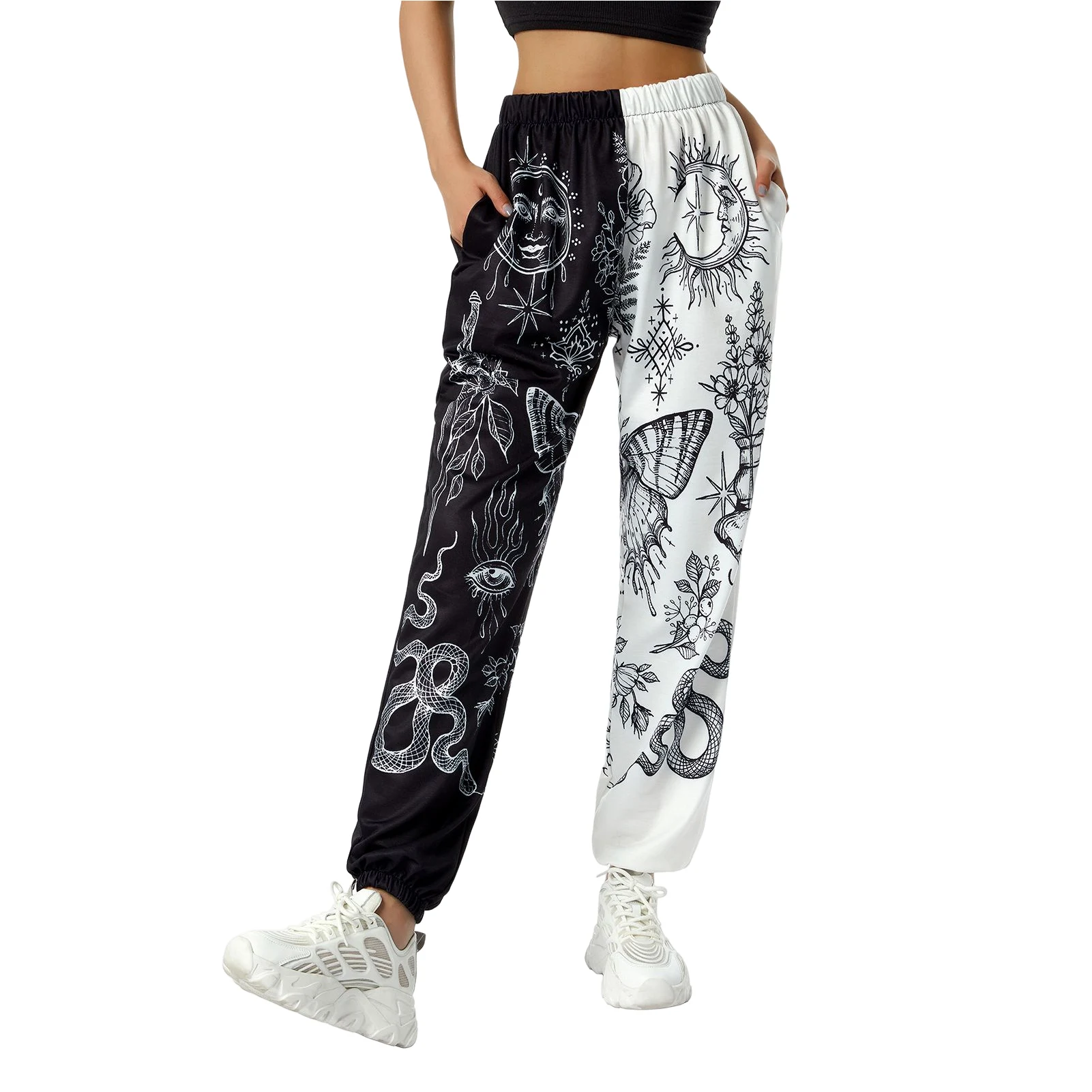 

Mopping Sports Pants Printed Patchwork Goth Baggy Trousers Smocked Waist Simple Breathable Fashion Soft American Street for Work