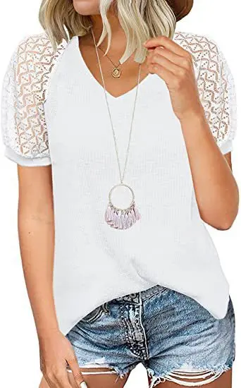 

2022 new womens V-neck stitching lace short-sleeved blouse woman white