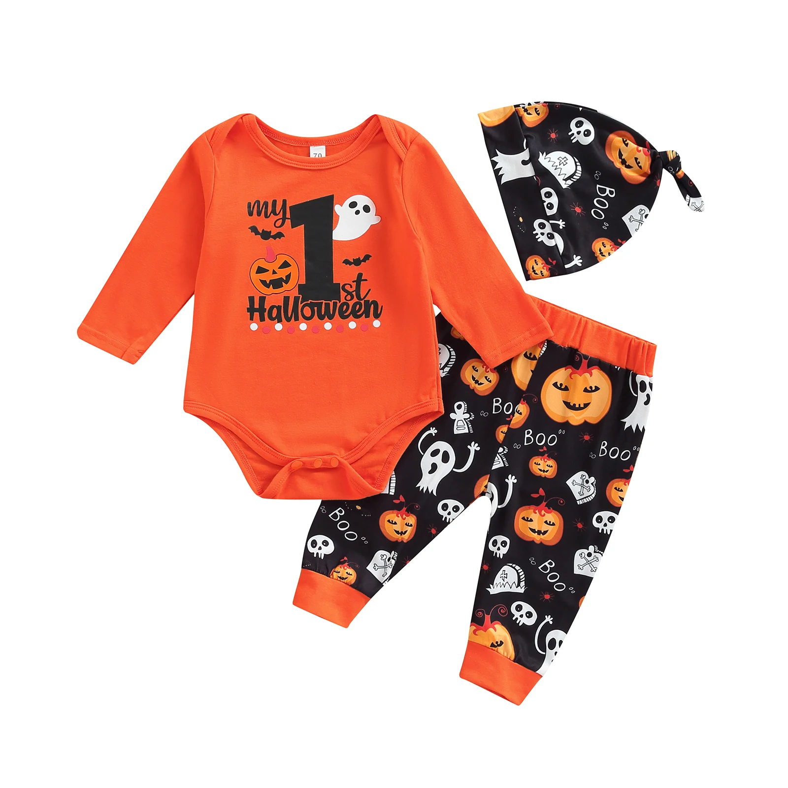 

Newborn Girl Boy Halloween 3Pcs Outfits Long Sleeve Letter Printing Romper Pumpkin Printed Trousers Hat