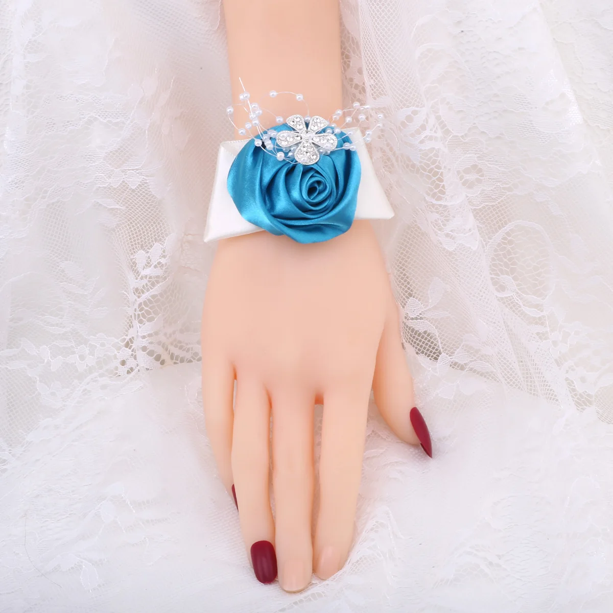 

High Quality Simulation Rose Women's Party Wrist Flowers With Pearl Rhinestone Fashion Wedding Hand Decor For Bride Bridesmaids