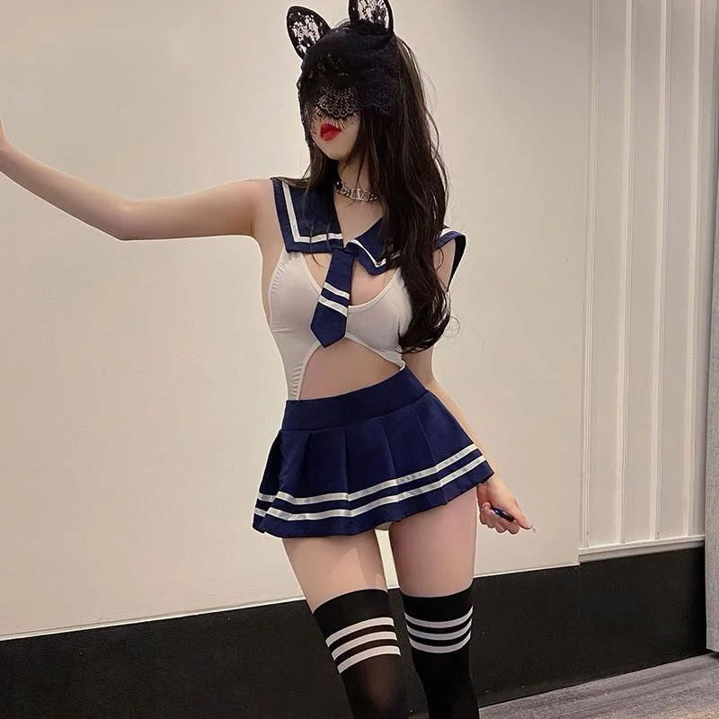 

Sexy Cute Hollowed Out Crotch One-piece College Suit Passion Clothes Sailor JK Costume Cosplay Temptation Uniform 7016 MK51
