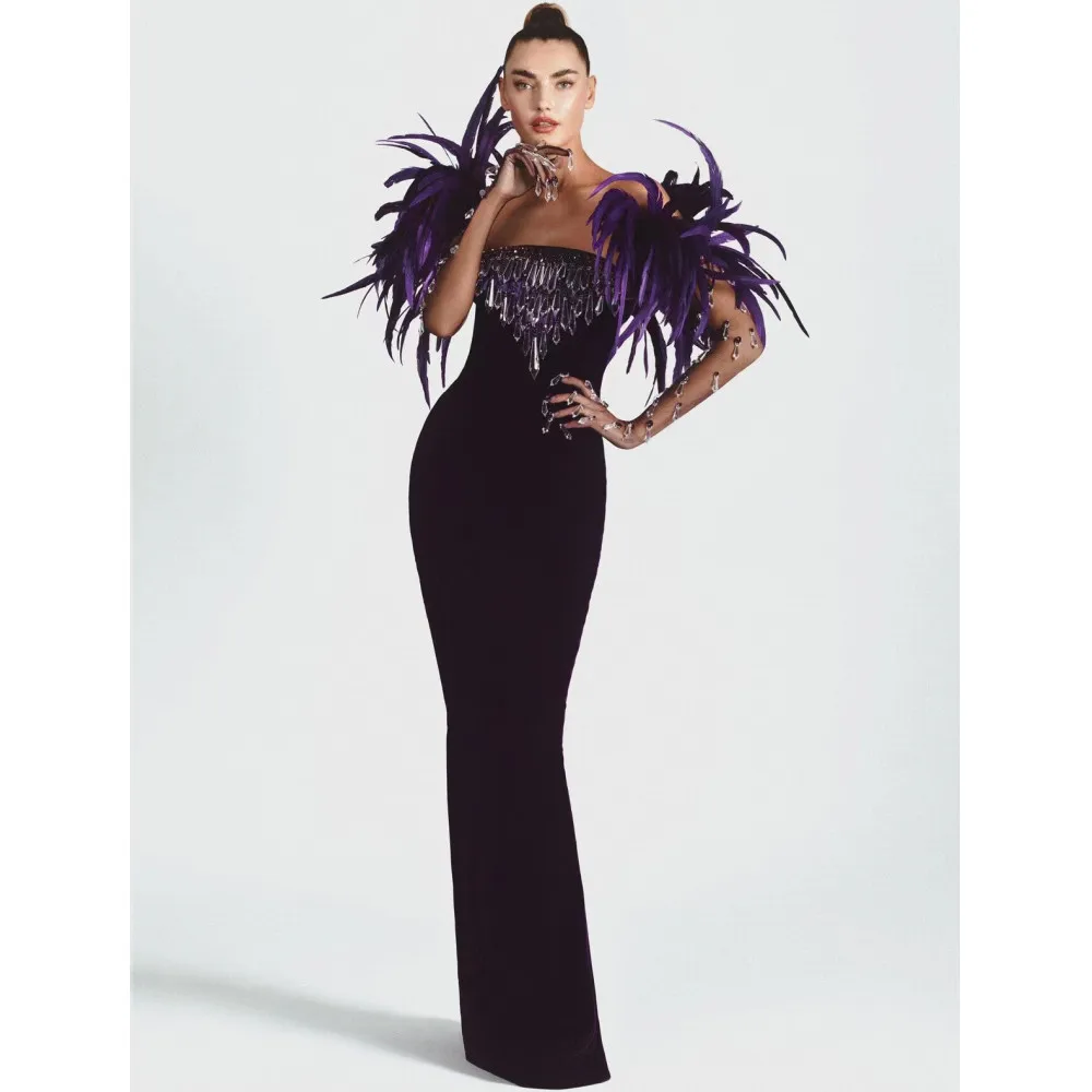 Женское платье для выпускного вечера фиолетовое длинное макси без бретелек с