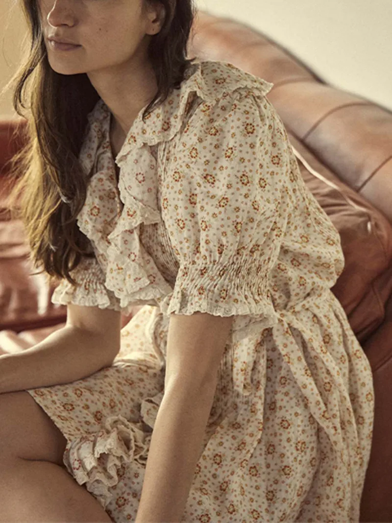 

Lace Trim Floral Women Sweet Wrap Dress Ruffles Short Sleeve V-neck Lace-up Female Mini Robes
