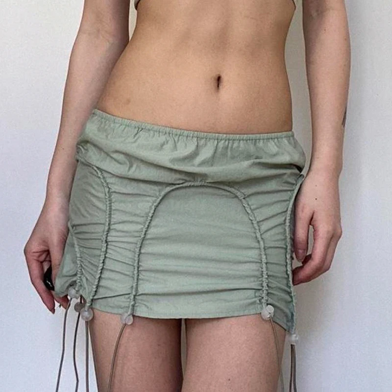 

WeiYao Y2K Vintage Drawstring Mini Skirts Chic Two Ways to Wear Shirring Cargos Skirts Harajuku Cute Techwear Clothing