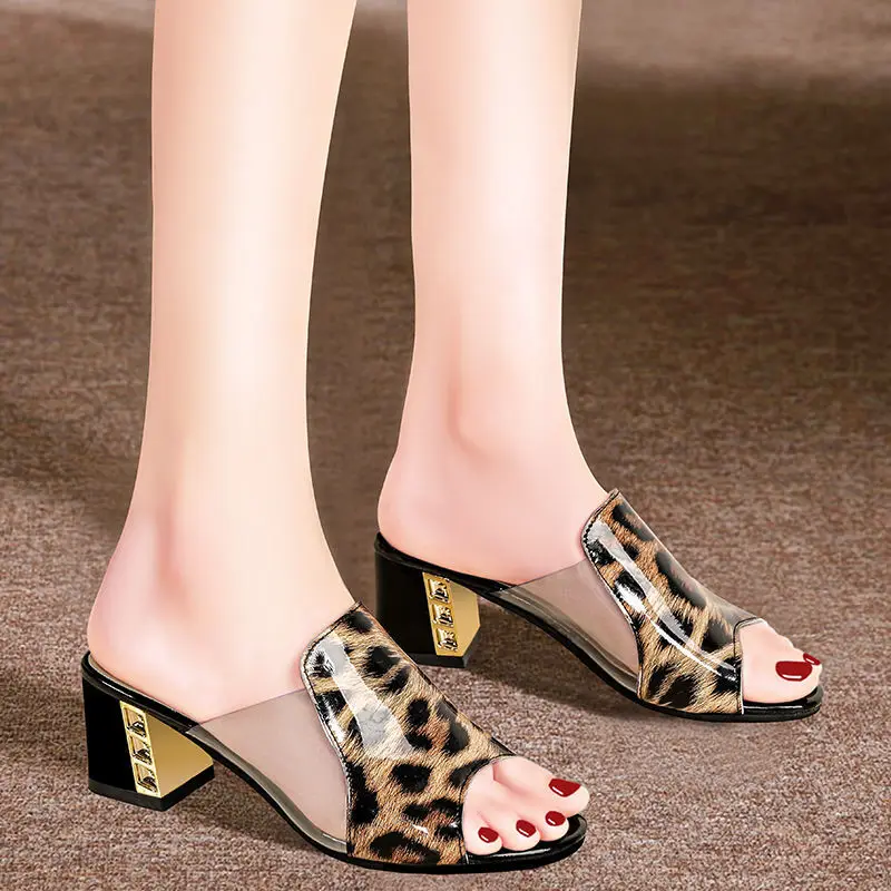 Women Leopard Print Mules Slippers Soft Leather High Heel Slippers Fashion Women Sexy Sandals Design Slides Zapatos De Mujer