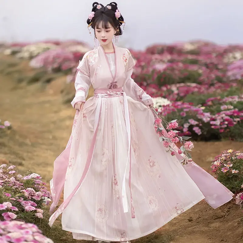 Kobiety Starożytna chińska sukienka Hanfu Kostiumy Różowy haftowany płaszcz Biała bluzka Spódnica z nadrukiem Vestidos Elegantes Para Mujer