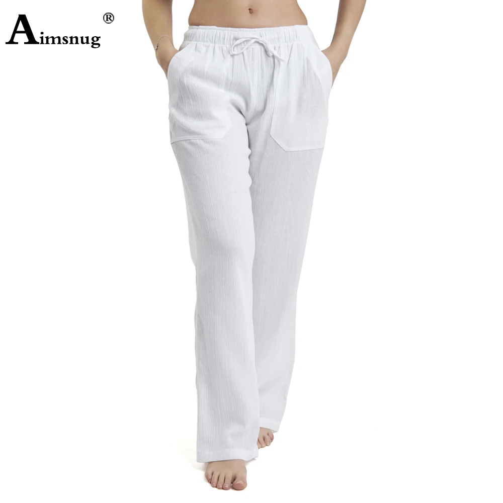 

Aimsnug 2022 Mid Waist Linen Pants Women Pocket Design Harem Trouser Latest Casual Straight Pantalon Plus Size Ladies Full Pants