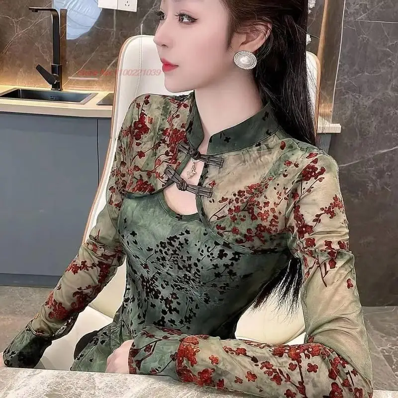 

2023 chinese vintage blouse improved chiffon qipao blouse national flower print mesh shirt oriental tang suit retro base shirt