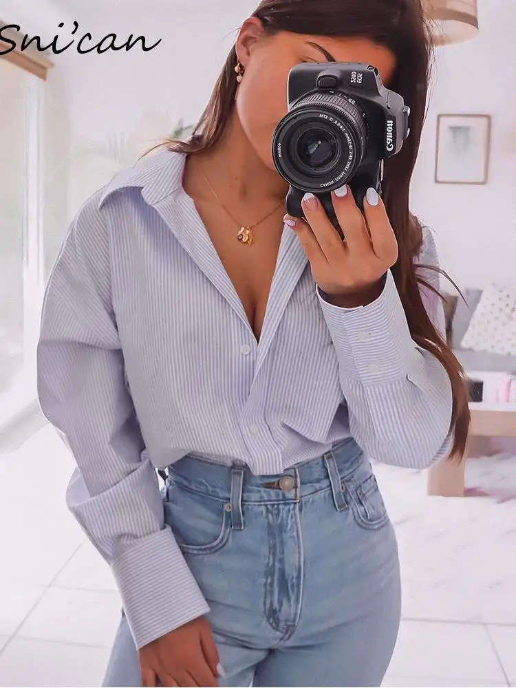 

Blue Striped Cotton Blouse Women Fashion Summer High Quality Designer Office Ladies Shirts Oversize Casual Chic Tops Outwear New