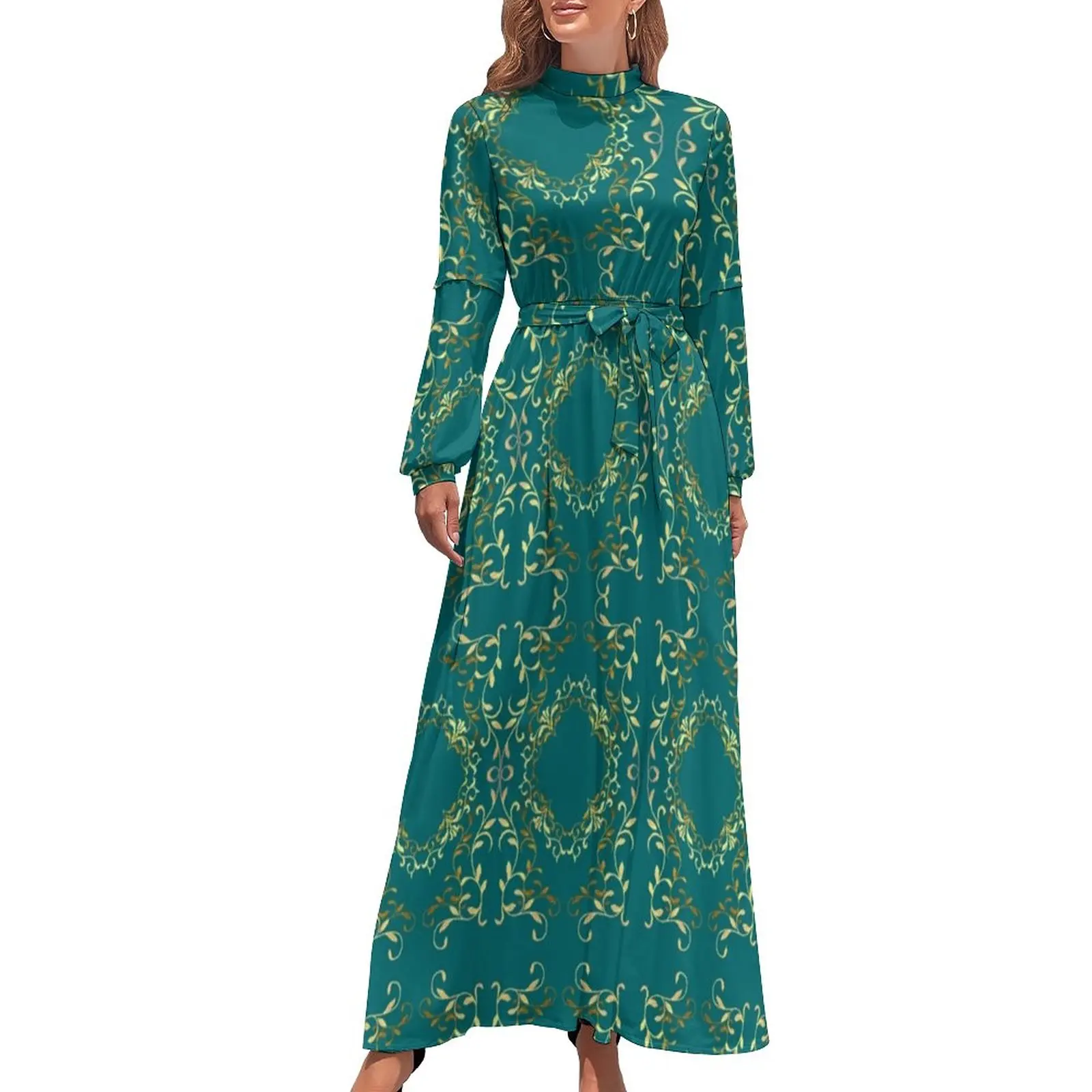 

Уличное платье в стиле барокко, Элегантное Длинное Платье Макси в стиле ретро, с цветочным принтом, в богемном стиле, с длинным рукавом и высоким воротом