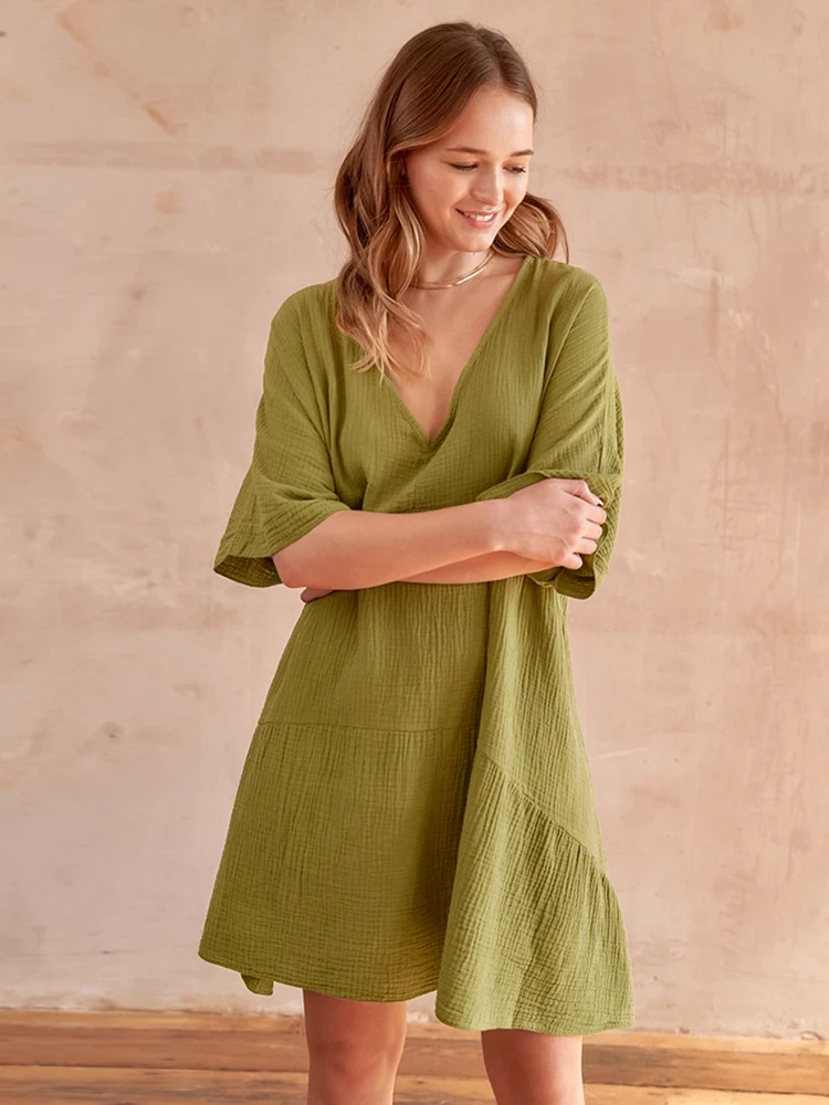 

Linad Loose Women Night Dress Green Short Sleeve V Neck Dresses Cotton Summer Nightwears For Ladies Casual Homewear Solid 2022