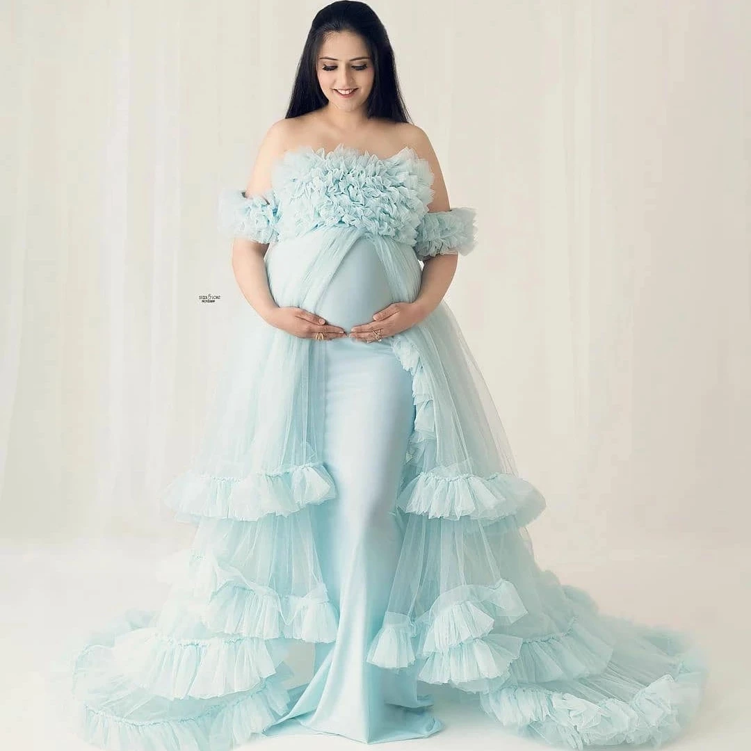 

Elegant Stretchy Mermaid Maternity Dresses Off Shoulder Ruffled Tulle Maternity Gowns for Photoshoot Baby Shower Dress Pregnancy