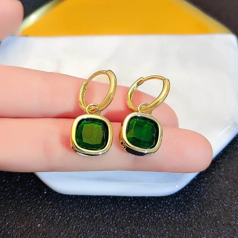 Square Earrings Women's Trend Earrings 2022 Green Crystal Drop Dangle Earring Luxury Elegant Woman Long Emerald Unusual Fashion