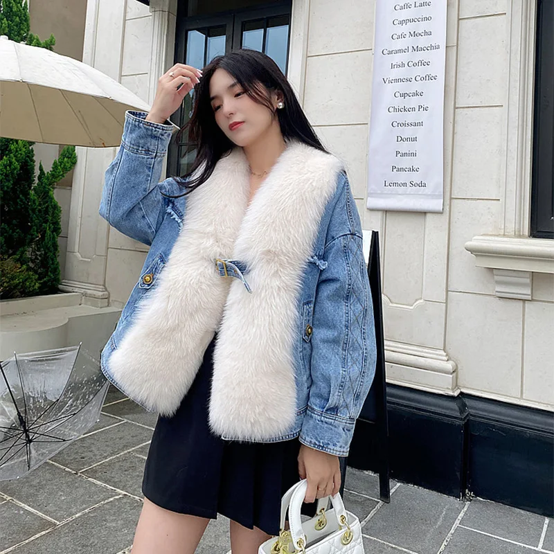 

RosEvans Winter New Whole Skin Fox Fur Coat Women Short Fashion Warm Denim Parka Thick Patchwork White Goose Down Jacket Female