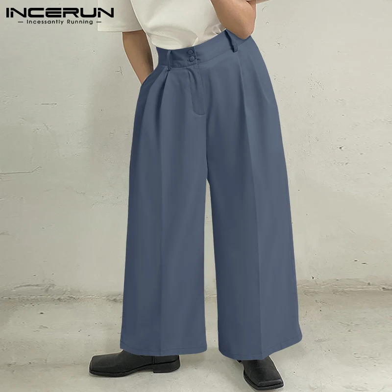 

INCERUN Solid Color Men Pants Button Joggers Streetwear Loose Wide Leg Trousers Men 2022 Pockets Fashion Casual Pantalon S-5XL