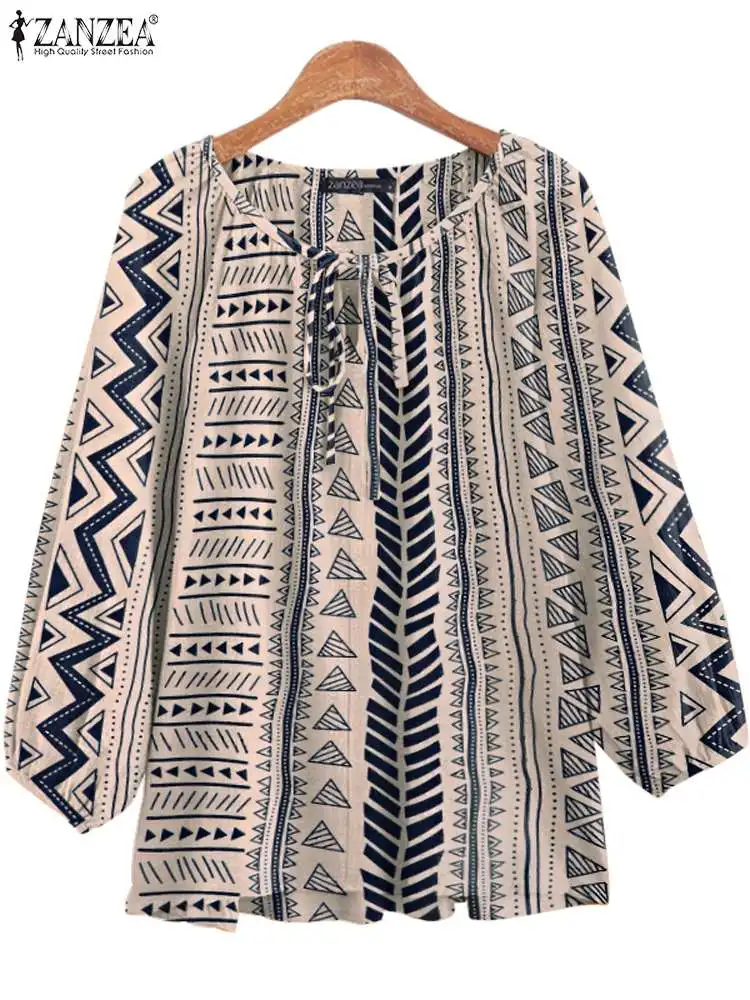 

ZANZEA Women Holiday Blouse Cotton Retro Vintage Printing Summer Blusas O-neck Lace Up 3/4 Sleeve Oversized Fashion Shirt Tops
