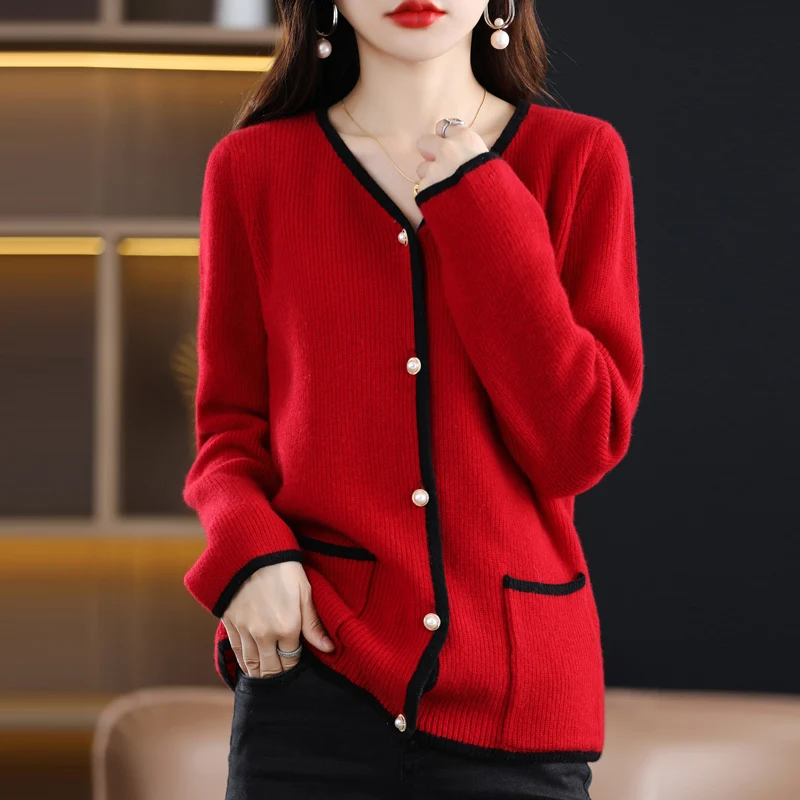 

Women's 100% Cashmere Color Matching Cardigan Sweater 2023 Spring New Splicing Coat Loose Elegant Versatile Wool Knitted Tops