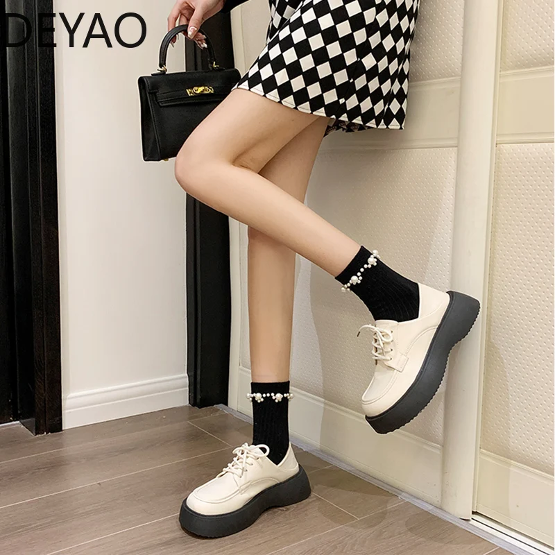

Autumn Mary Jane Shoes Platform Women Lace Up Fashion Round Toe Casual Female Shallow Flats British Style Woman Leather Shoe