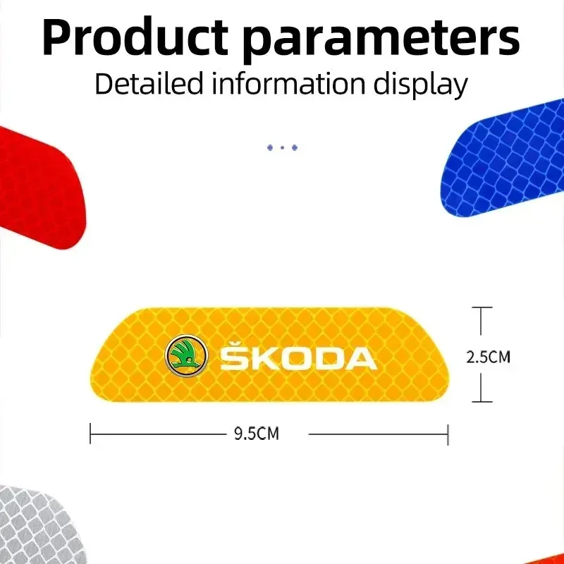 Фото Наклейки на автомобиль Skoda 2026: 4 шт. светоотражающих наклеек для ночного безопасности, предупреждающие знаки, светящаяся лента для Skoda Octavia, Superb, Rapid, F №1