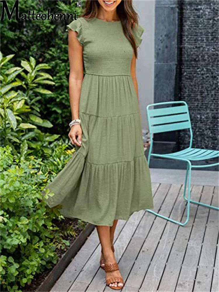 

Summer Boho Short Sleeve Long Dress Vintage Women O Neck Solid Sundress Kaftan Beach Dresses Casual Party Vestido Robe Femme