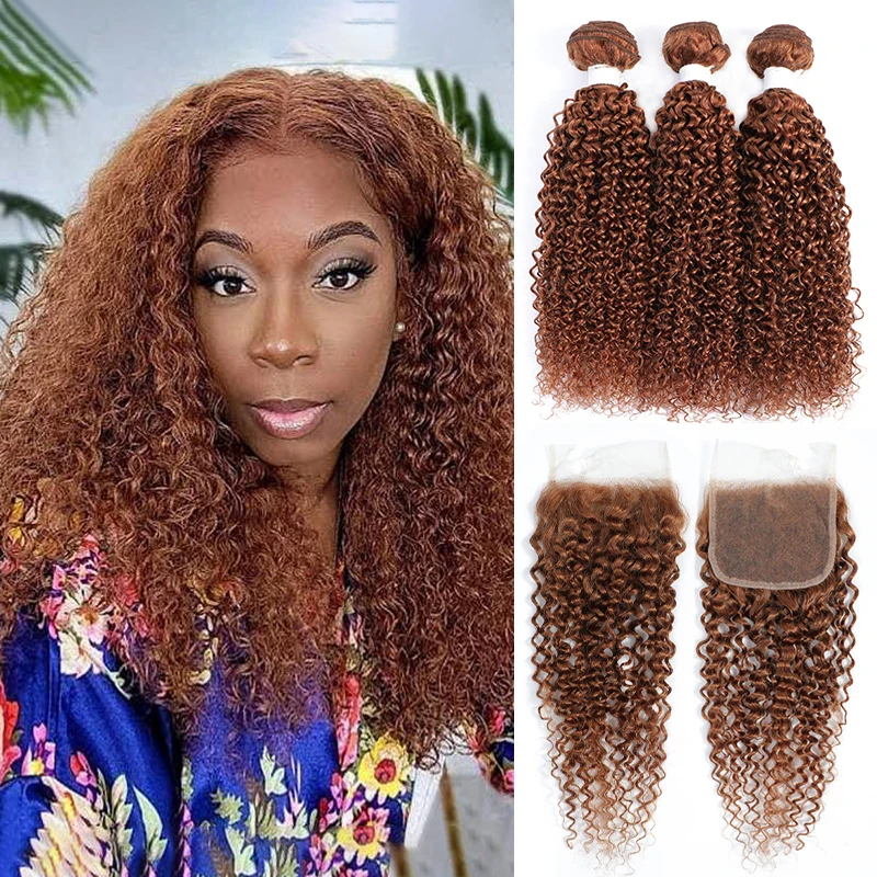 

Brazilian Brown Kinky Curly Hair Bundles With Closure 4X4 SOKU Honey Blonde Human Hair Weave Bundles With Closure Remy Extension